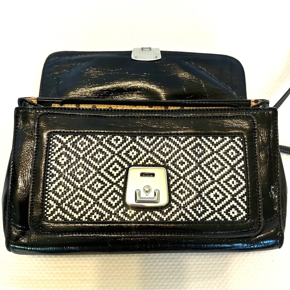 Melie Bianco Patent with Black & White Straw Geometric Satchel Handbag Purse Bag